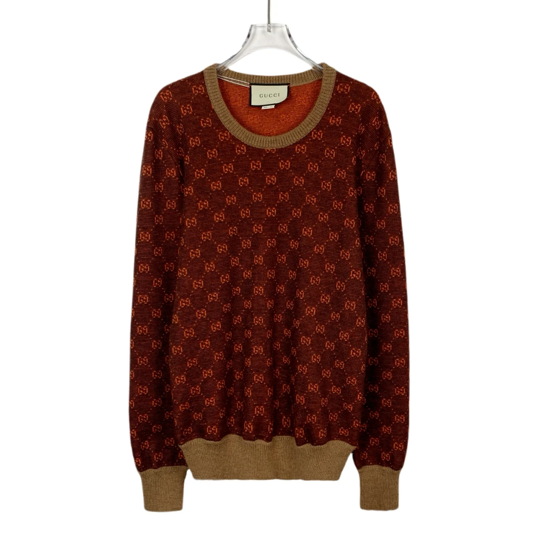 99新 GUCCI/古驰 H9240 深橘色logo双G满印圆领羊毛针织衫 S码