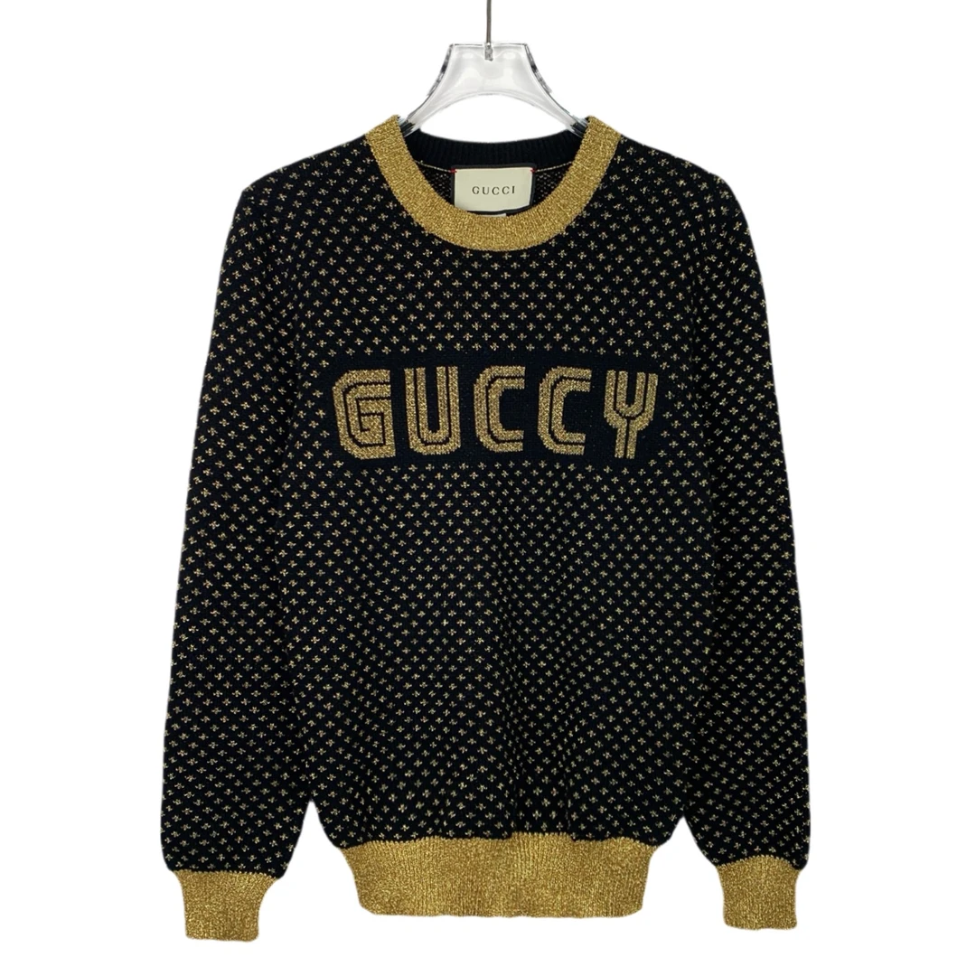 99新 GUCCI/古驰 015649 logo金丝线嵌花黑色羊毛针织毛衣 XS码