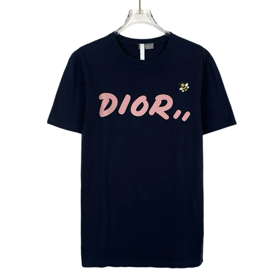 95新 DIOR/迪奥 014683 logo印花蜜蜂刺绣黑色圆领短袖T恤 S码