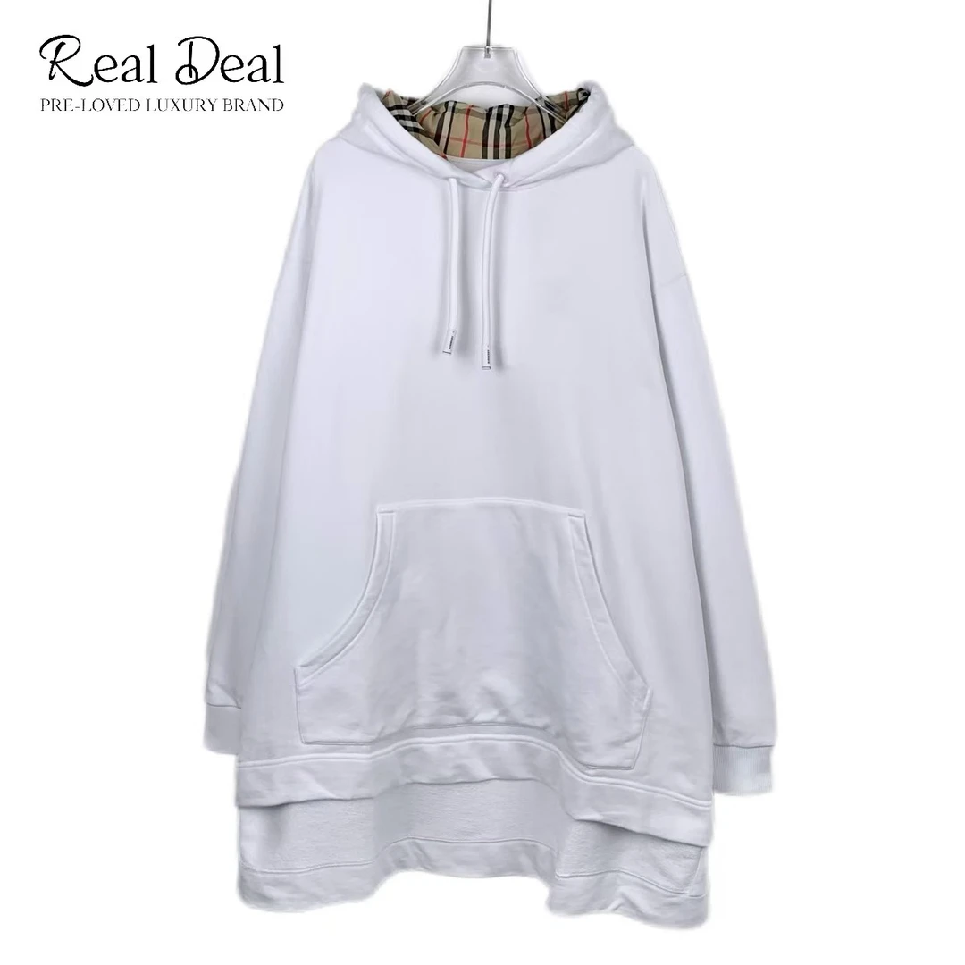 99新 BURBERRY/博柏利 017634 格纹拼接白色连帽套头棉质卫衣 M码