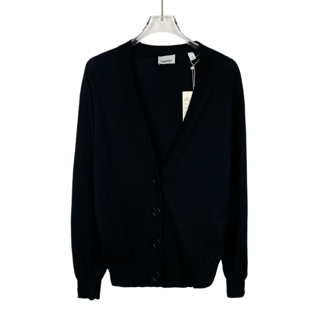 99新 BURBERRY/博柏利 H9965 黑色格纹羊毛V领针织开衫 XS码