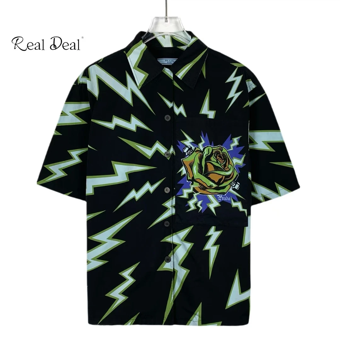 99新 Prada/普拉达 017484 花卉闪电印花翻领拼色棉质衬衫 38码