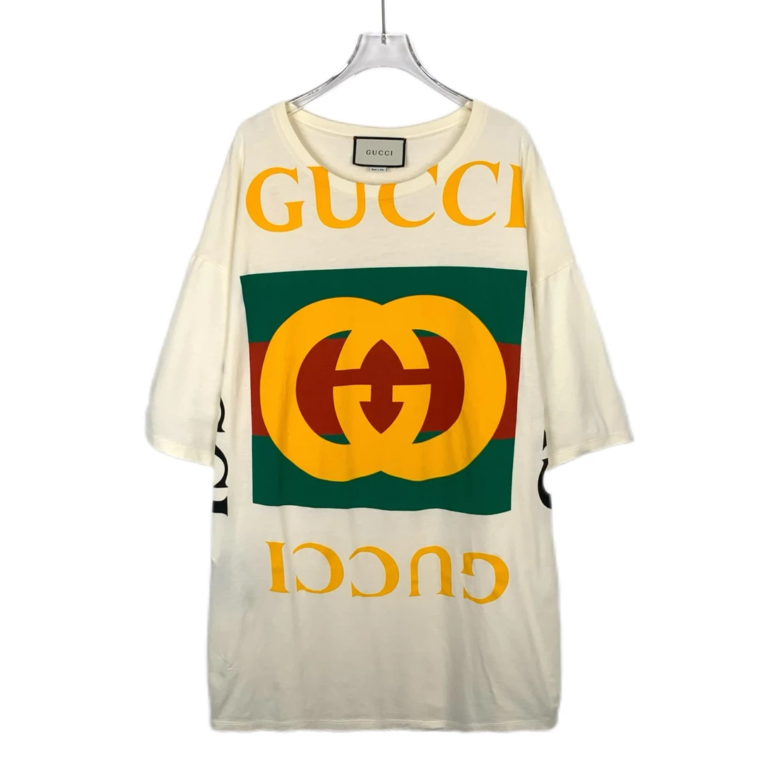 95新 GUCCI/古驰 014526 大logo字母印花米白色圆领短袖T恤 S码