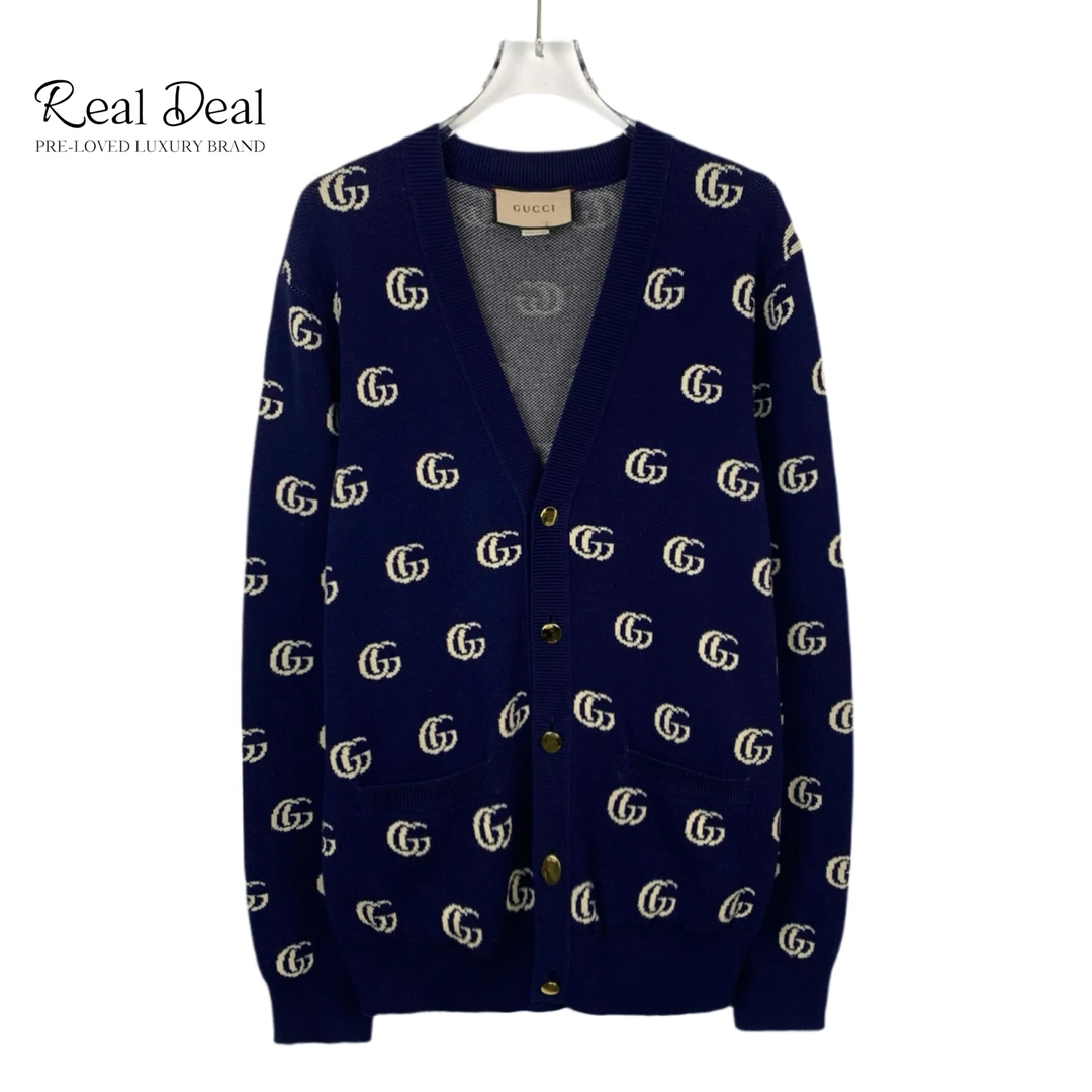 99新 GUCCI/古驰 H10055 logo提花满印V领棉质针织开衫 S码
