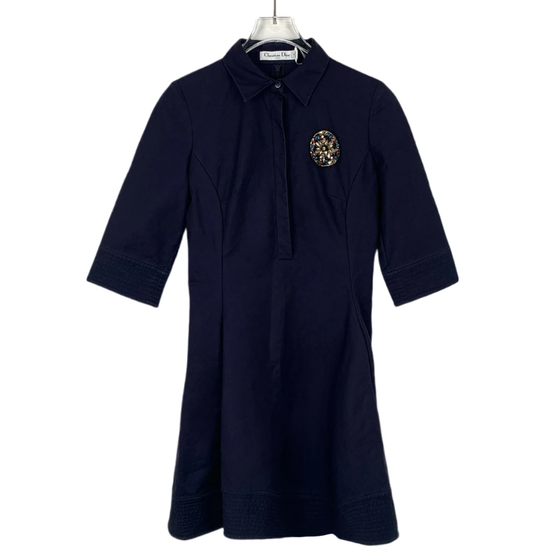 95新  016470 Christian Dior /迪奥 徽标翻领蓝衬衫连衣裙 36