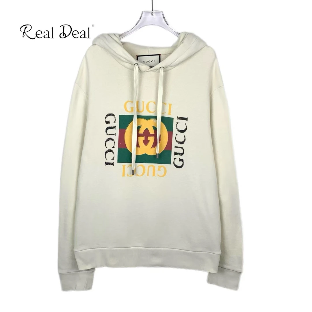 99新 GUCCI/古驰 016084 做旧款印花米白色连帽套头长袖卫衣 L码
