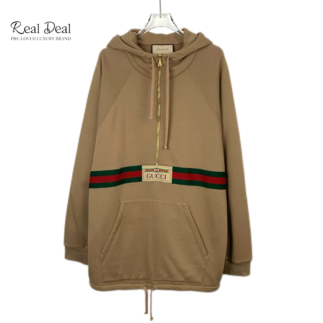 99新 GUCCI/古驰 H9411  棕色logo织带半拉链连帽长袖卫衣