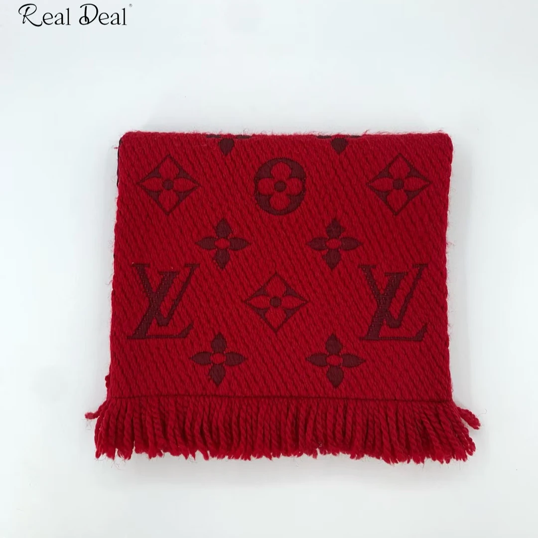 99新 LouisVuitton/路易威登 014615 老花绒线红色羊毛真丝围巾