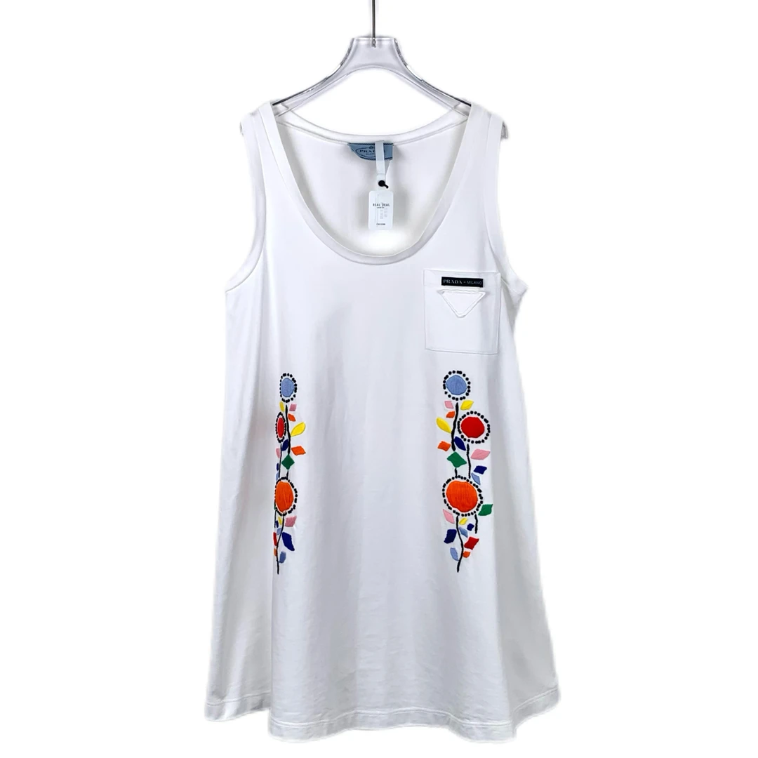 99新 Prada/普拉达 013500 logo三角标花卉刺绣吊带连衣裙 40码