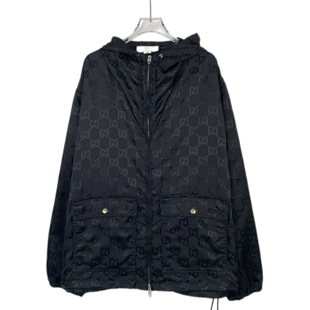95新  012839 Gucci 古驰 Logo老花满印黑色连帽拉链夹克 L码