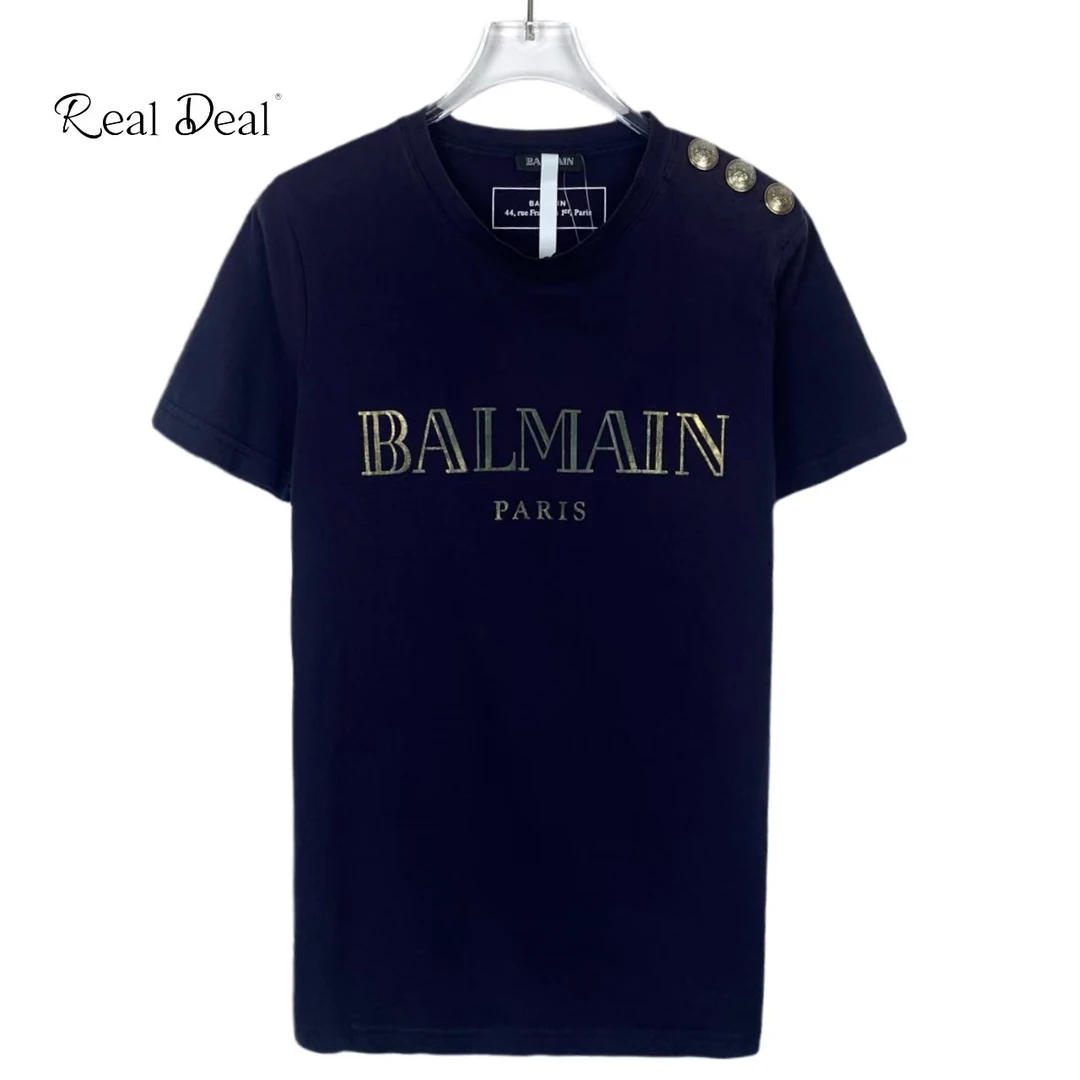 95新 BALMAIN/巴尔曼 cs001984 logo印花圆领黑色棉质短袖T恤 S码