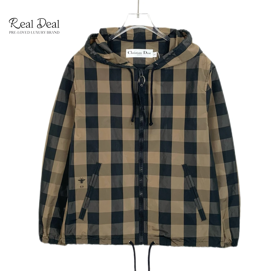 99新 DIOR/迪奥 X11715  深棕色格纹小蜜蜂刺绣连帽抽绳夹克外套
