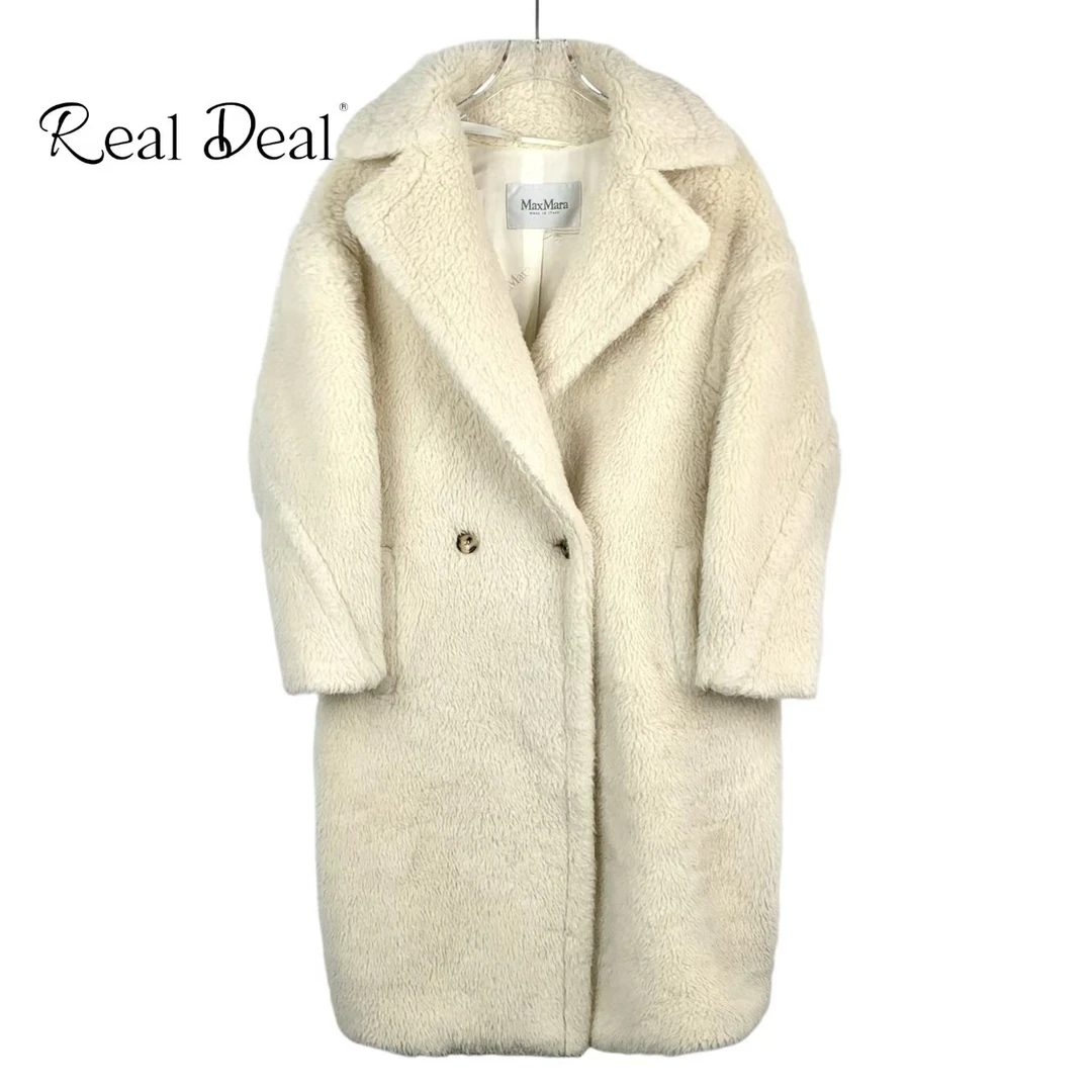 95新 MaxMara 017202 翻领双排扣白色羊驼毛混羊毛泰迪大衣 XS码