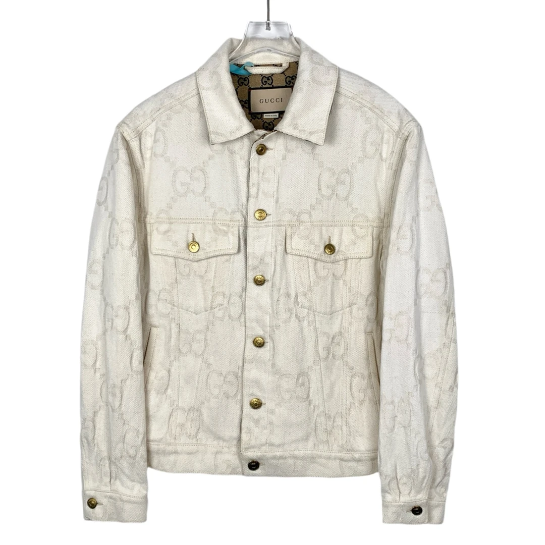 95新 GUCCI/古驰 XF074 logo老花满印米色翻领棉质牛仔外套 46码