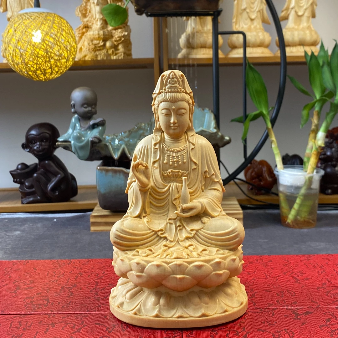 实木桧木雕摆件坐莲观音净瓶观音传统匠心雕刻品质工艺品厂家直销