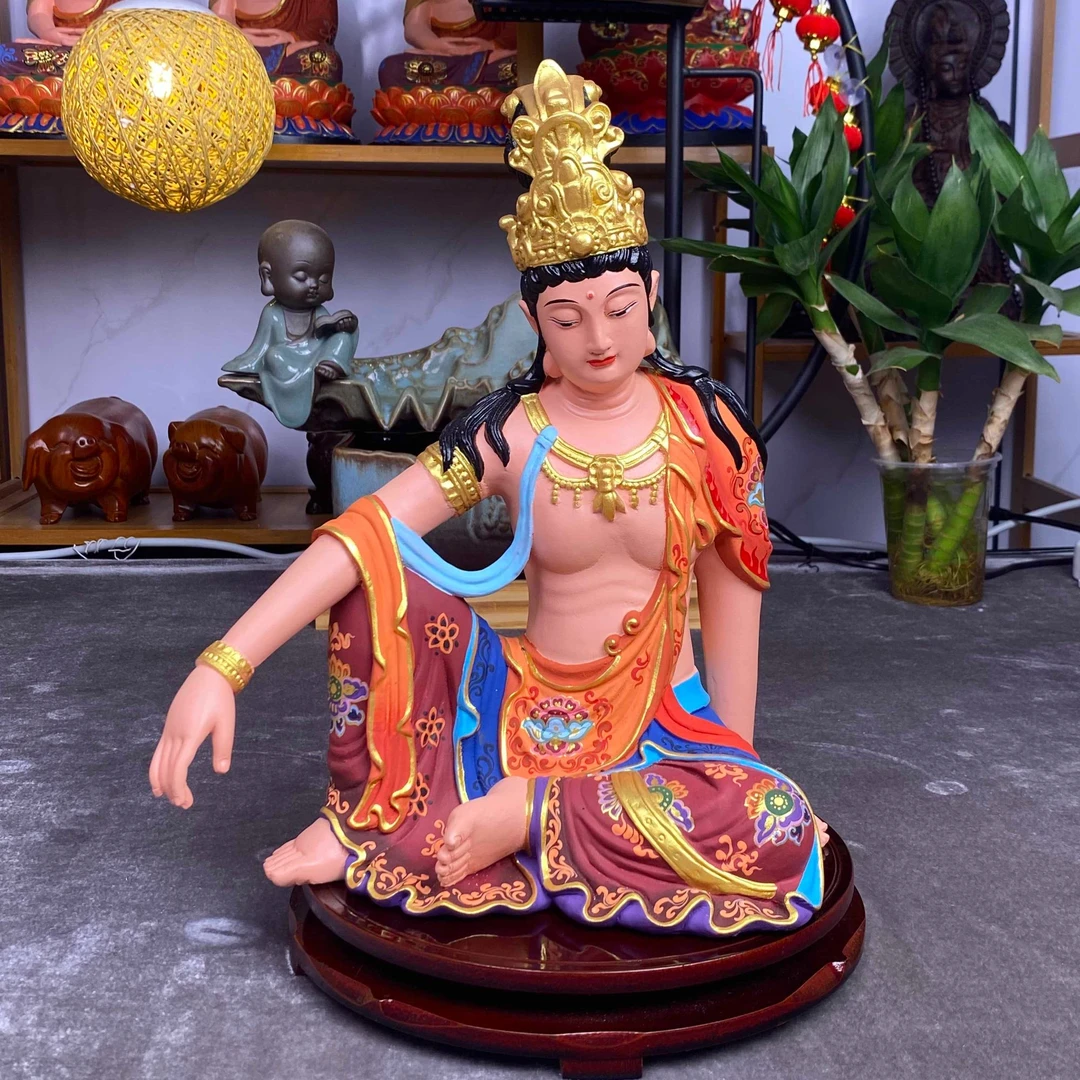 彩绘樟木自在观音摆件精雕刻新款莲花菩萨佛像家用办公家居工艺品
