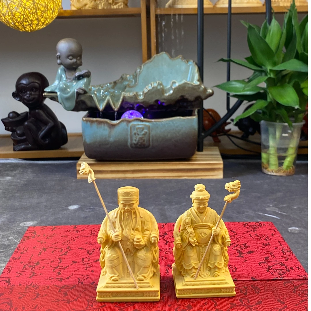 黄杨实木土地公土地婆摆件雕刻神像家居新中式客厅玄关装饰工艺品