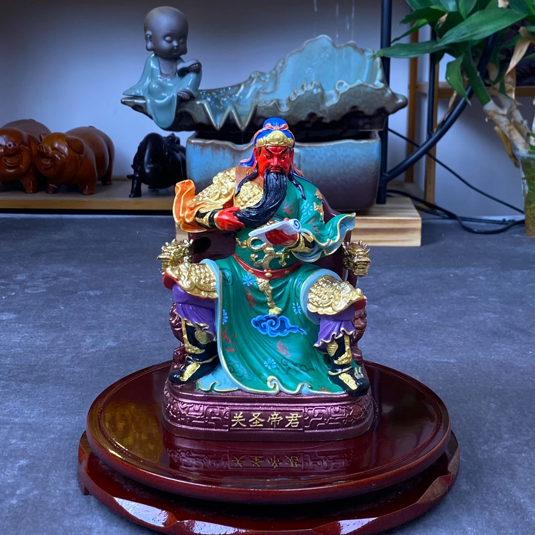 彩绘桧木精雕刻关圣帝君关公武财神关羽摆件家居装饰品实木工艺品