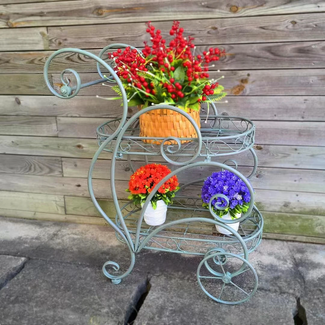 欧式铁艺双层可移动做旧餐车花架落地式花盆架客厅阳台花架子带轮