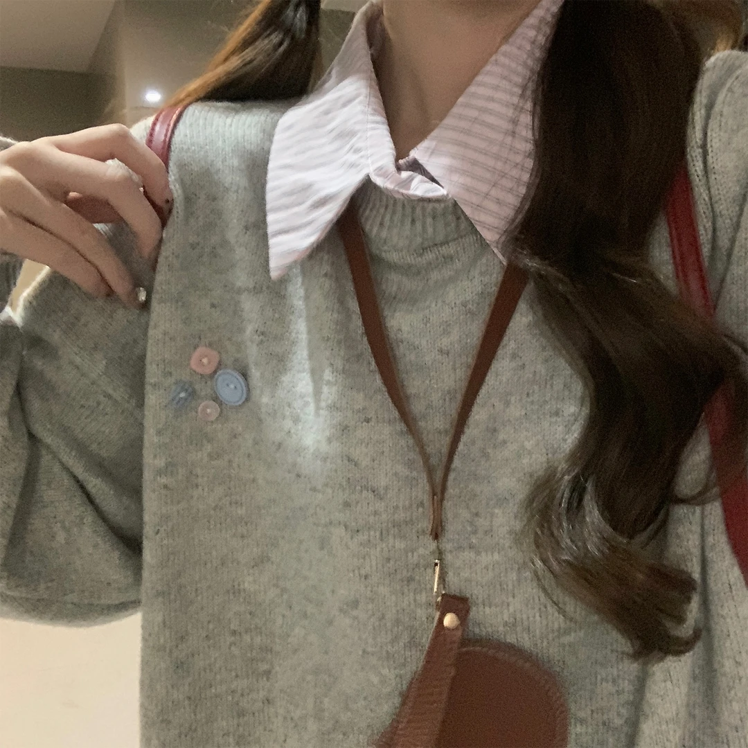 THETURE 小男孩假两件毛衣针织上衣女超好看设计感慵懒高级感秋冬