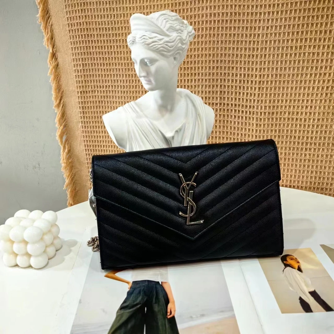 99新 YSL/圣罗兰 ysl 信封包中号黑银斜挎链条包/优品