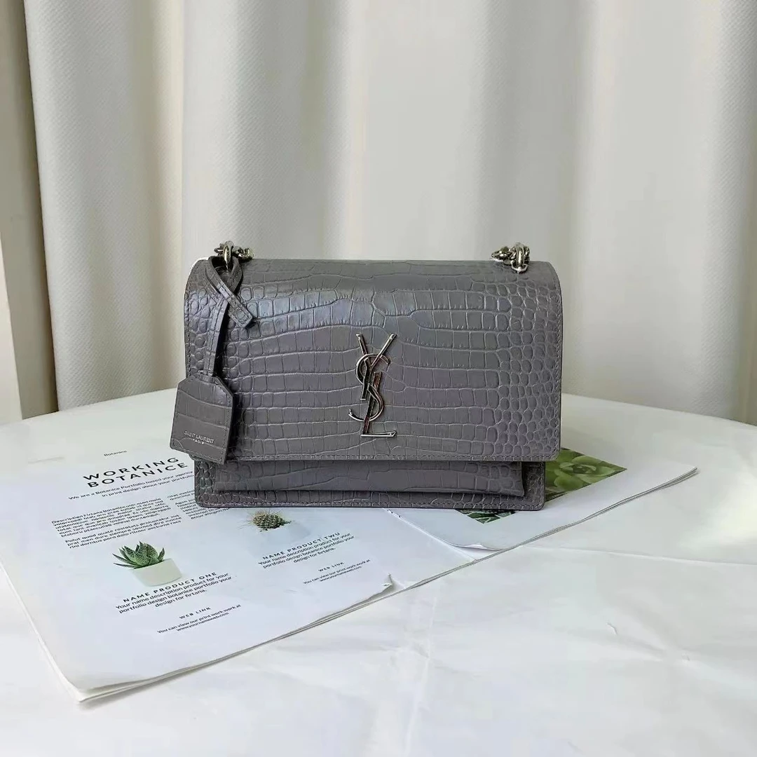 99新 YSL/圣罗兰 ysl日落鳄压纹大象灰中号包/优品