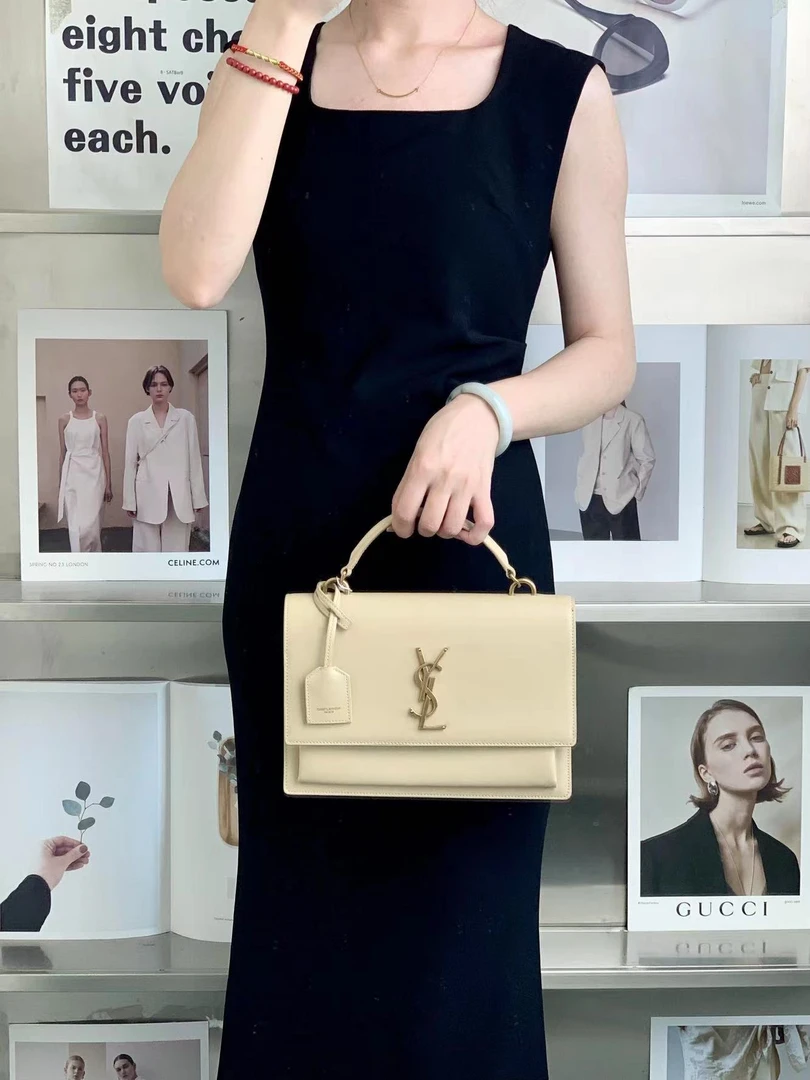 99新 YSL/圣罗兰 ysl日落中号手提光面奶茶色/优品