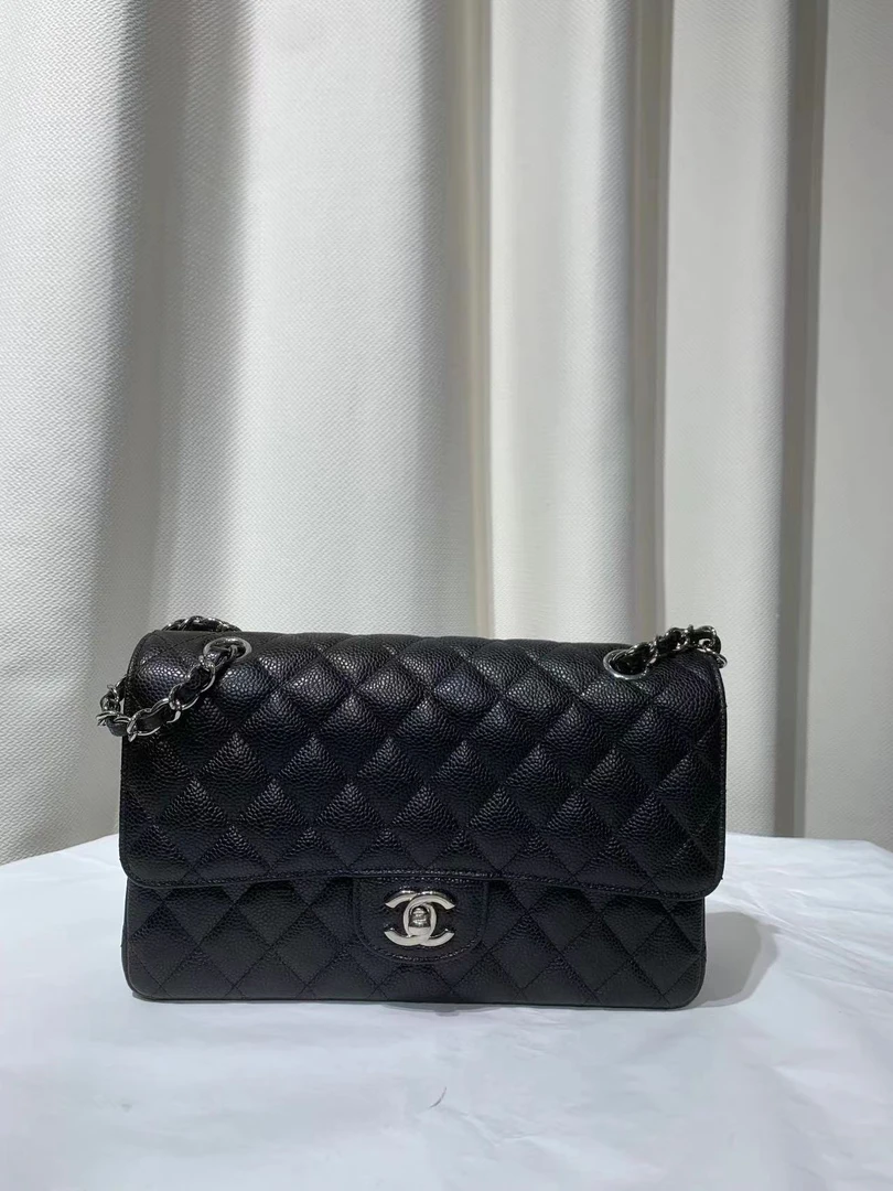 99新 Chanel/香奈儿 香奈儿cf中号黑银荔枝纹包/公价80500/优品
