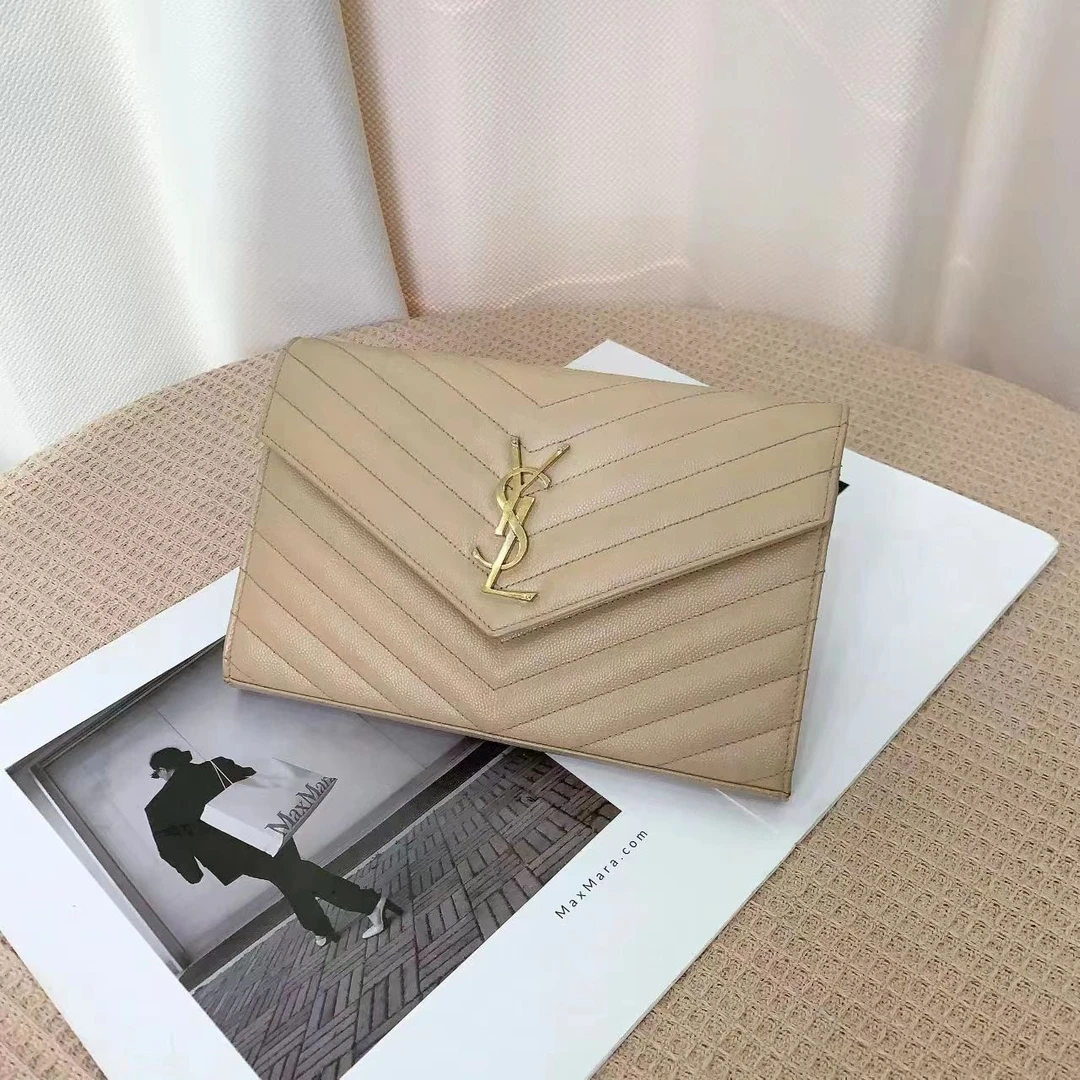 99新 YSL/圣罗兰 ysl信封中号奶茶金单肩斜挎包/公价12500/优品