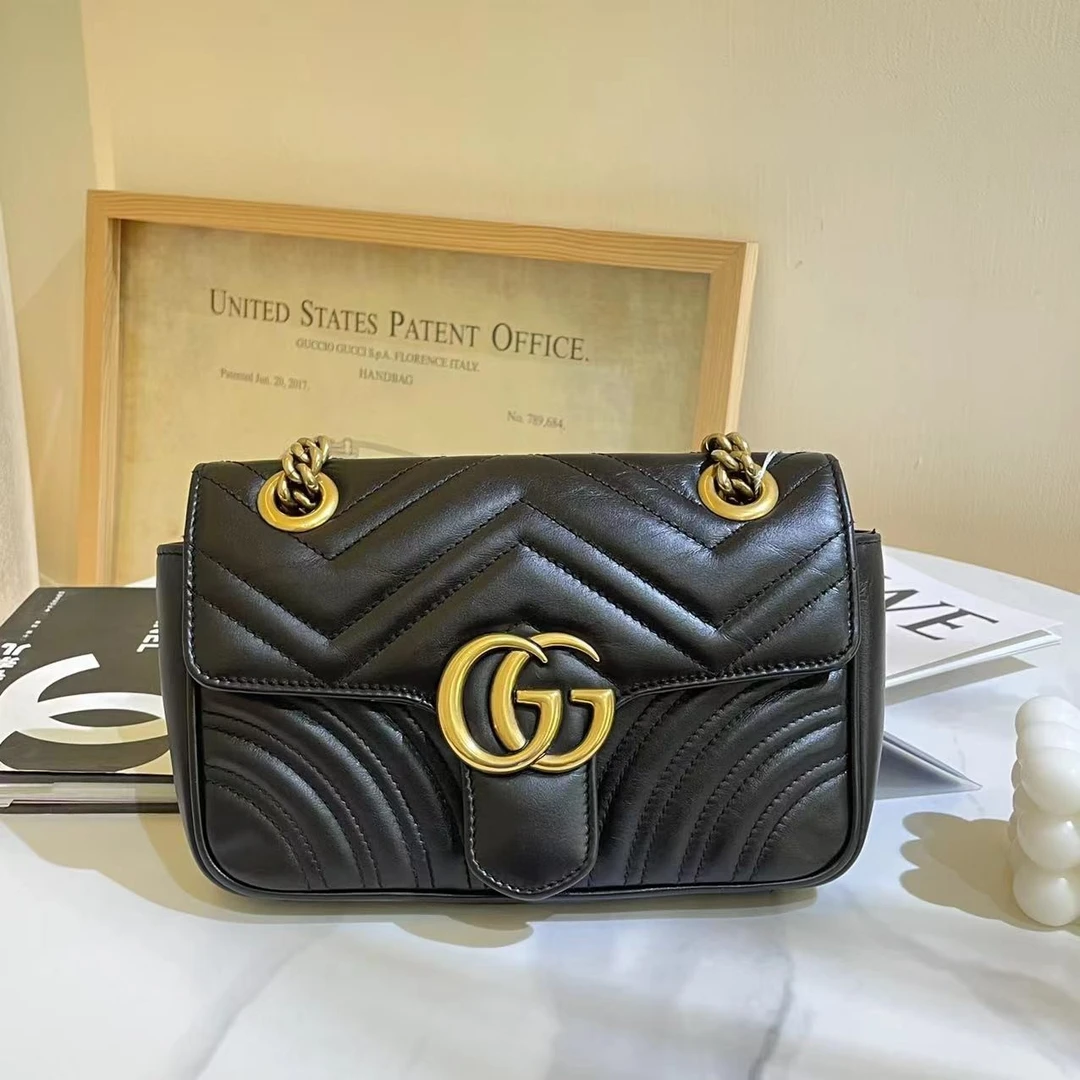 99新 GUCCI/古驰 gucci marmont22黑金单肩斜挎包/优品