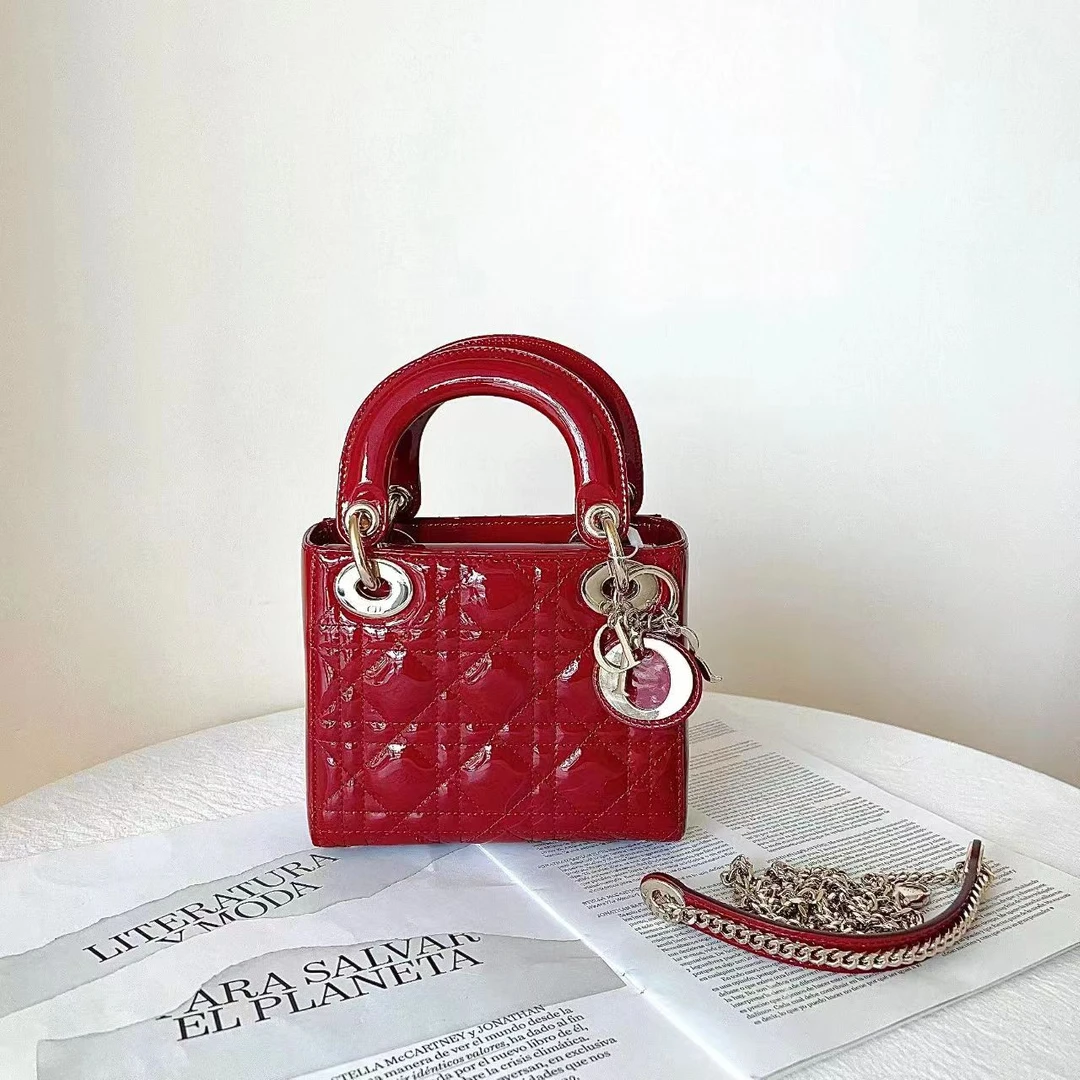 99新 DIOR/迪奥 dior戴妃三格漆皮红色包/98新/优品