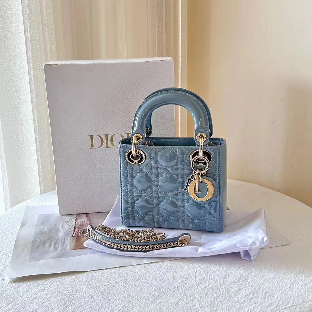 全新未使用 DIOR/迪奥 dior戴妃三格漆皮雾霾蓝包/公价39800/优品