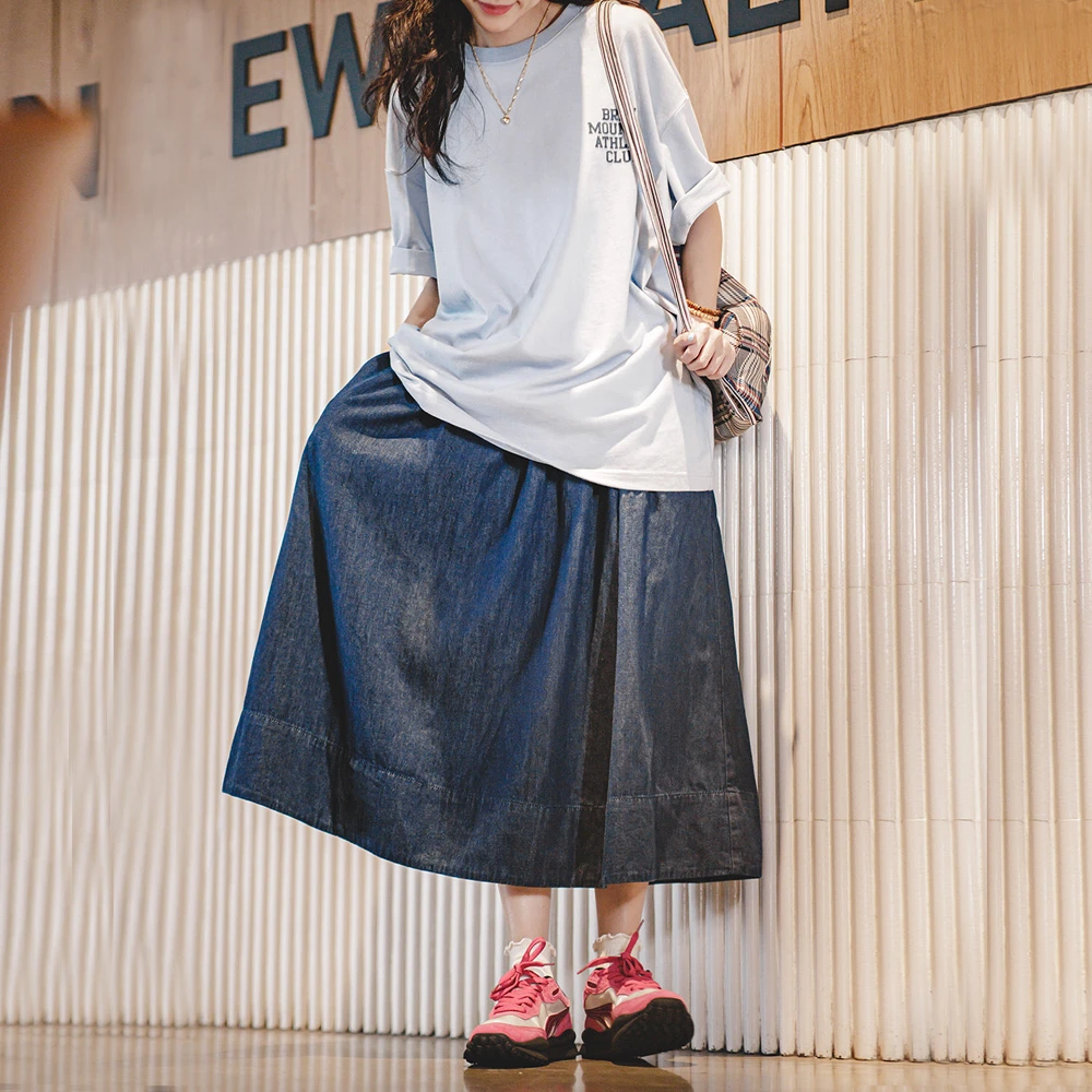 马登夏季美式藏蓝色牛仔裙松紧高腰显瘦莫奈花园风裙休闲半身裙女