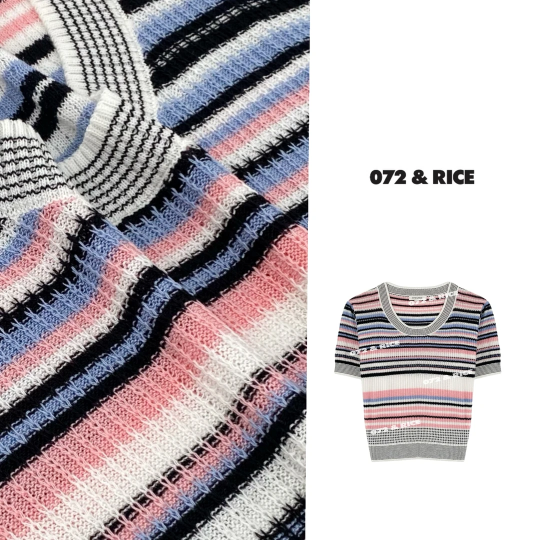 072 & RICE【美乐地】亚麻 夏季休闲条纹短袖针织衫 24SJ30 FF