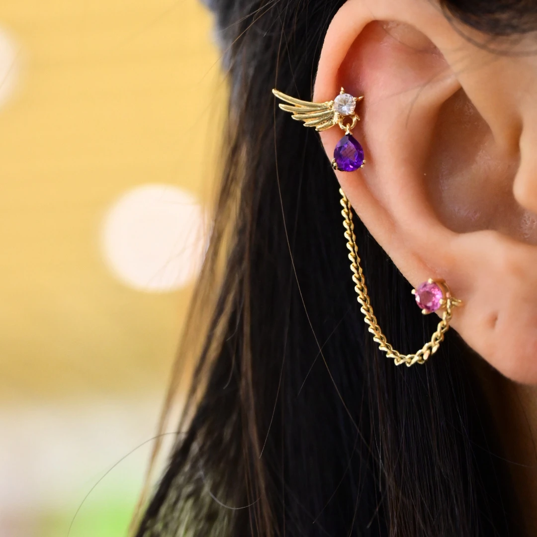 【JSZ】18k金天然宝石的双耳洞翅膀耳钉，一款多戴的时尚款（单只）