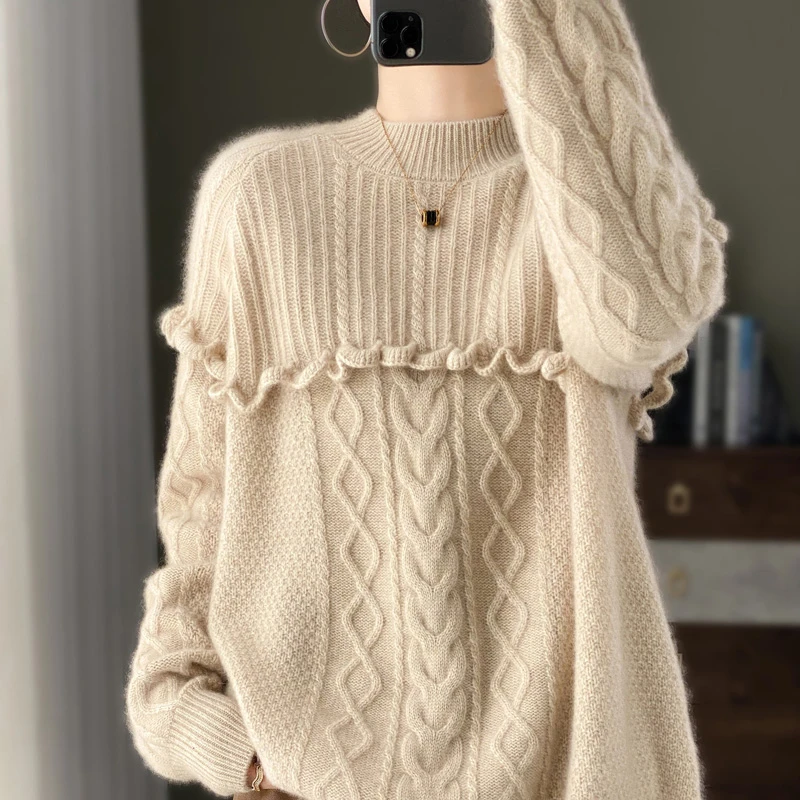 秋冬新款纯羊毛衫女重磅加厚套头慵懒风毛衣显瘦百搭针织宽松打底