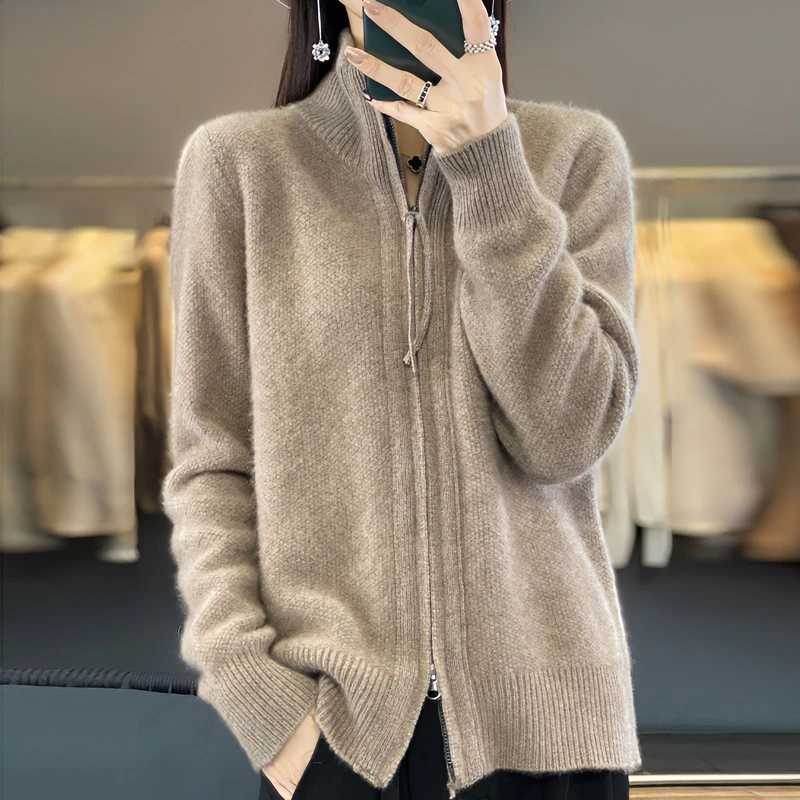 秋冬新款双拉链高领加厚100%羊毛开衫女纯色显瘦保暖外套针织上衣