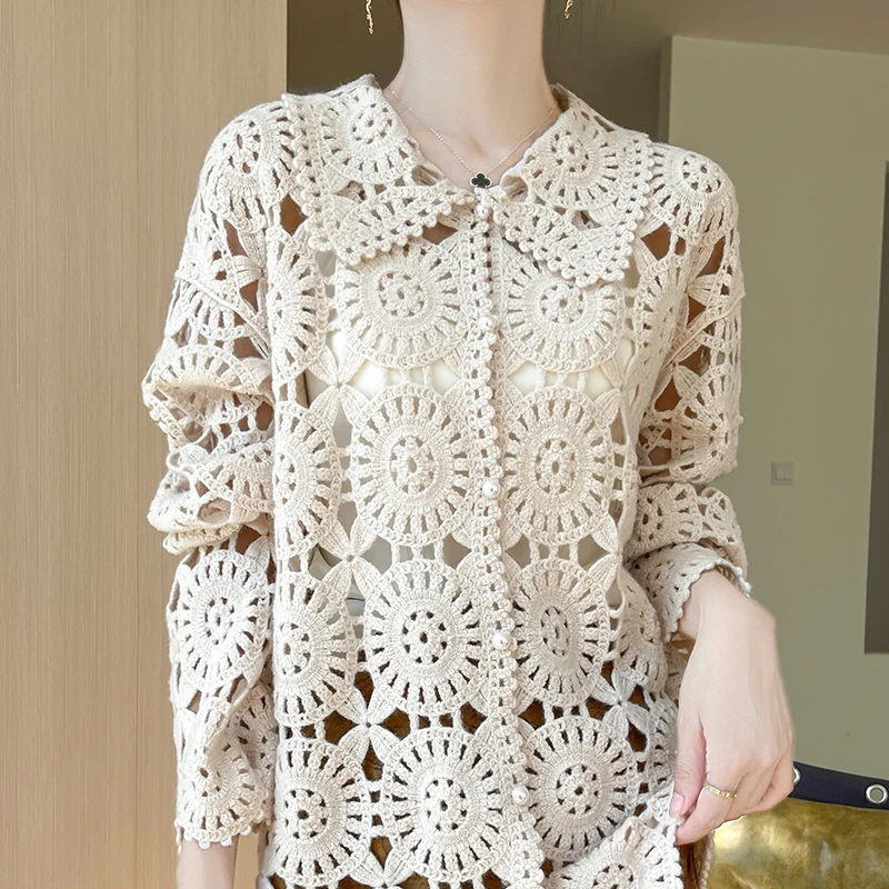 手工钩花镂空100%纯羊毛衫女针织宽松长袖百搭毛衣罩衫开衫外套潮
