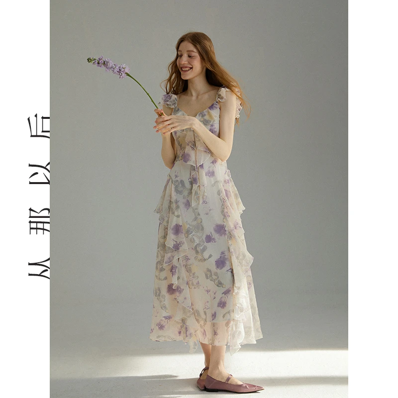 SINCE THEN法式吊带碎花裙仙女长裙荷叶边设计感连衣裙女告白穿搭