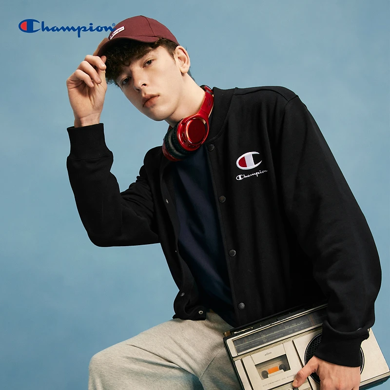 Champion【圆领开衫按扣刺绣】冠军拼接logo卫衣长袖运动舒适百搭