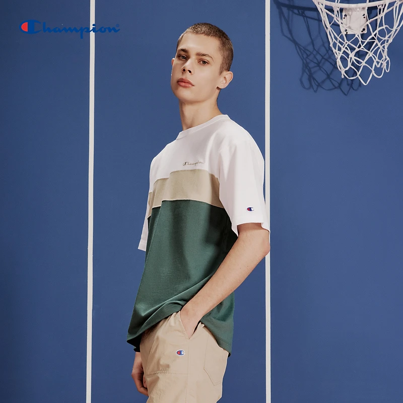 【圆领拼色短袖】Champion冠军情侣刺绣草写logo舒适运动透气休闲