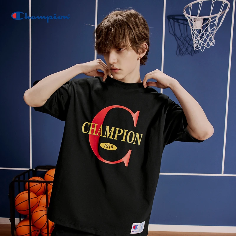 【高能感穿搭】Champion冠军植绒logo撞色印花短袖舒适半袖运动圆领