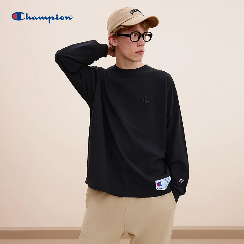 Champion冠军情侣款长袖运动风刺绣logo圆领T恤宽松纯色打底spk