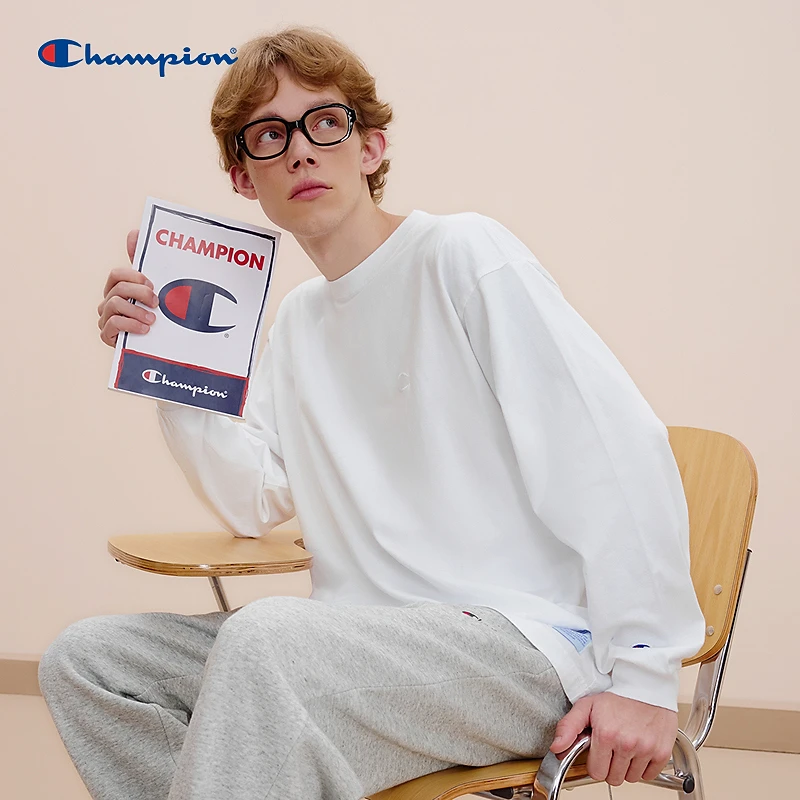 【刺绣小Clogo长袖】Champion冠军情侣款运动风圆领宽松纯色百搭T恤