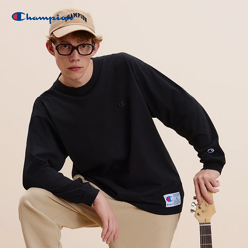 Champion冠军情侣款长袖运动风刺绣logo圆领T恤宽松纯色打底spk