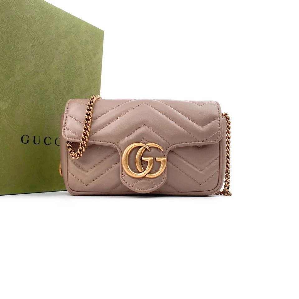 99新 GUCCI/古驰 裸粉色牛皮双GMarmont链条包迷你 DB专属