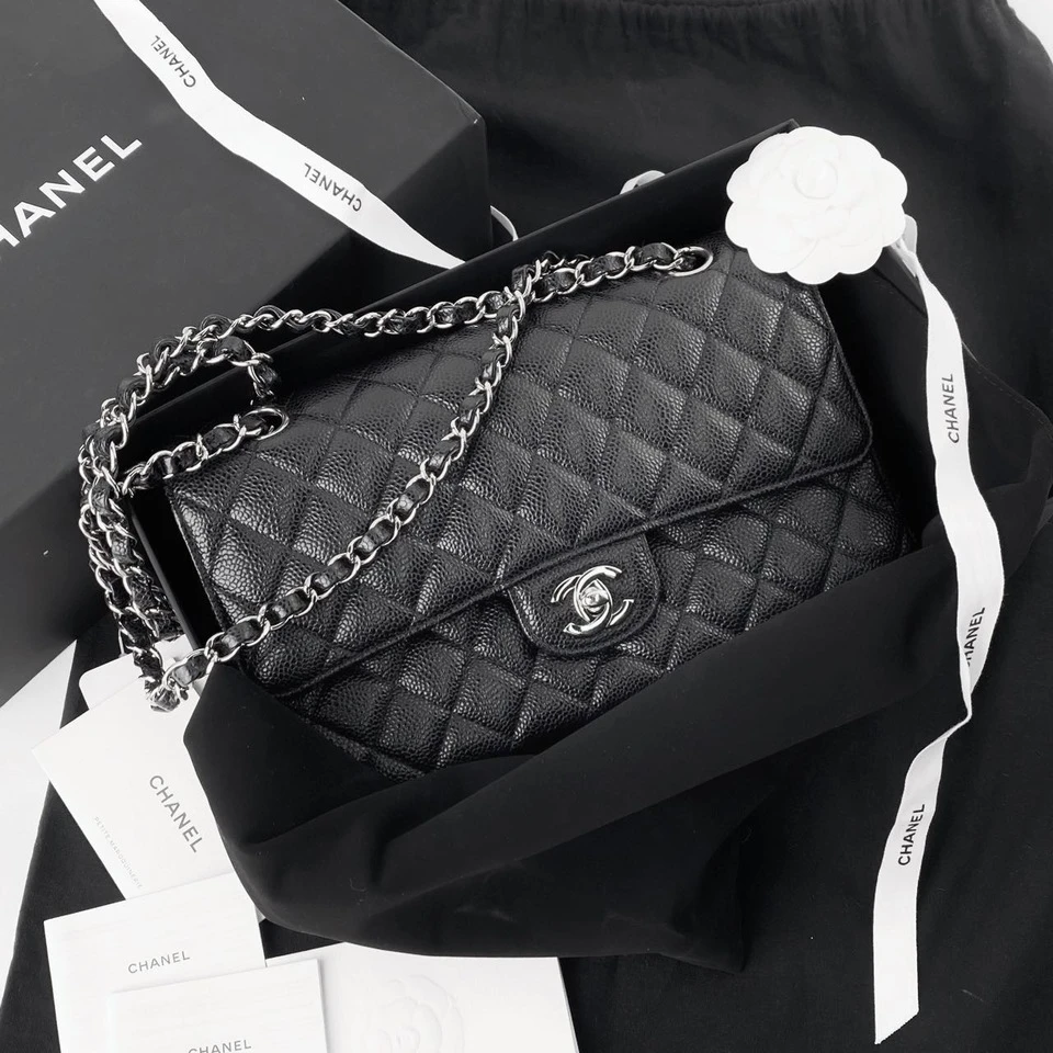 全新未使用 Chanel/香奈儿 菱格荔枝纹黑色银扣cf链条包中号