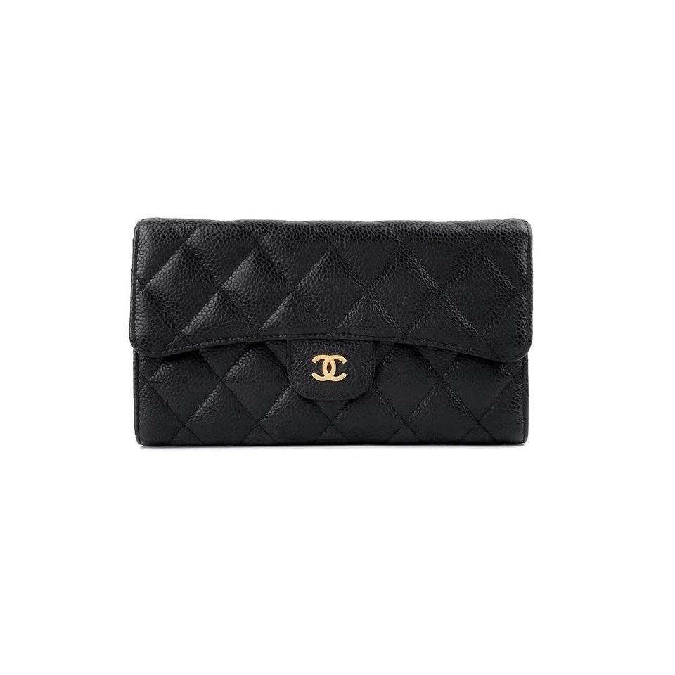 99新 Chanel/香奈儿 菱格荔枝纹黑色金标三折手拿包钱包