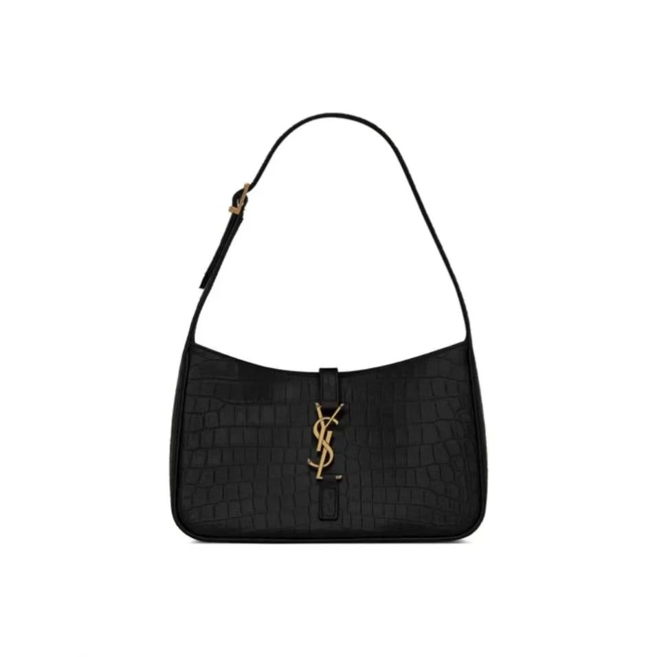 99新 YSL/圣罗兰 黑金标鳄鱼压纹hobo中号