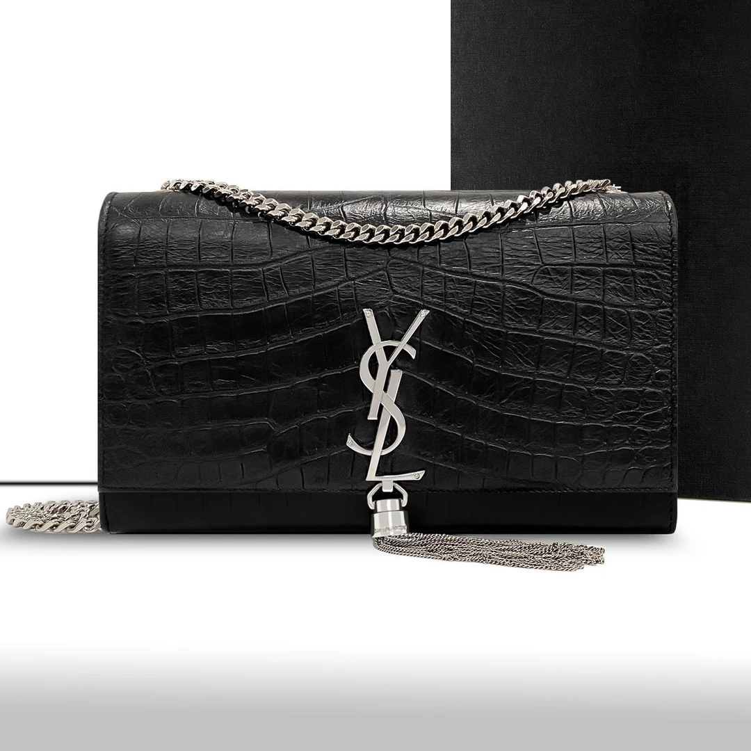 99新 YSL/圣罗兰 鳄鱼压纹中号黑色银标流苏手拿包链条包单肩包